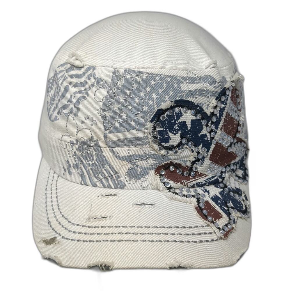 Leader LOGA Army Cap White Blue Red One Size Rhinestone Butterfly USA Flag Hat